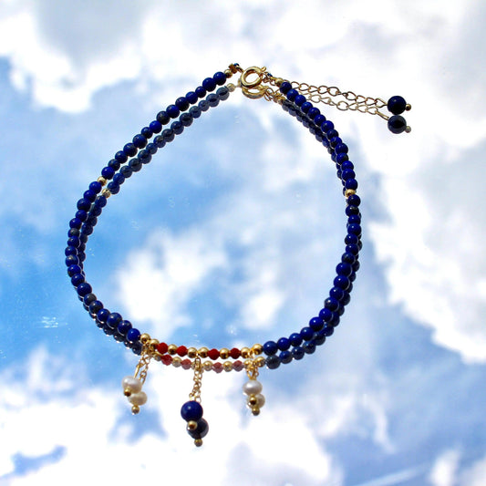 Fusskette mit Lasuritsteinen, Rotem Agate und Perlen - JK Jewelry & Accessories