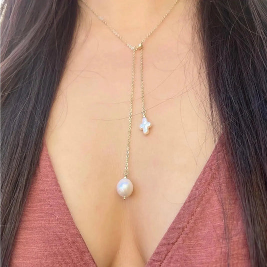 Y-Kette mit Kreuz- und Wassertropf Perle - JK Jewelry & Accessories